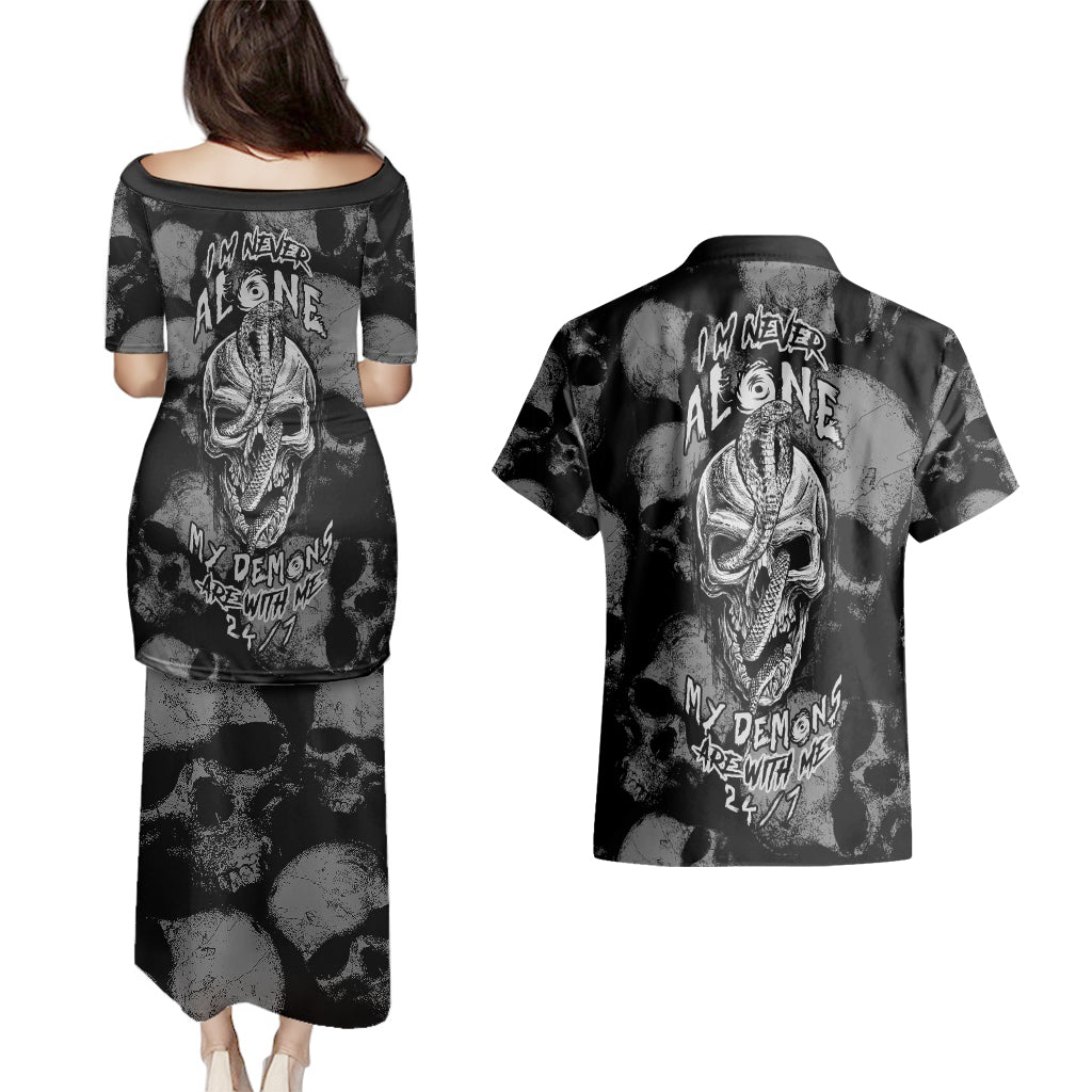 Skull Pattern Couples Matching Puletasi Dress and Hawaiian Shirt I'm Never Alone - My Demon Are With Me 24/7 - Wonder Print Shop