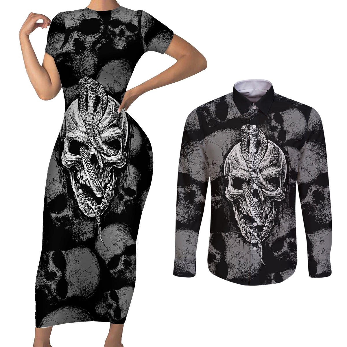 Skull Pattern Couples Matching Short Sleeve Bodycon Dress and Long Sleeve Button Shirts I'm Never Alone - My Demon Are With Me 24/7 - Wonder Print Shop
