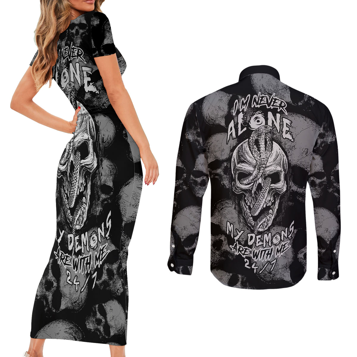 Skull Pattern Couples Matching Short Sleeve Bodycon Dress and Long Sleeve Button Shirts I'm Never Alone - My Demon Are With Me 24/7 - Wonder Print Shop