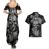 Skull Pattern Couples Matching Summer Maxi Dress and Hawaiian Shirt I'm Never Alone - My Demon Are With Me 24/7 - Wonder Print Shop