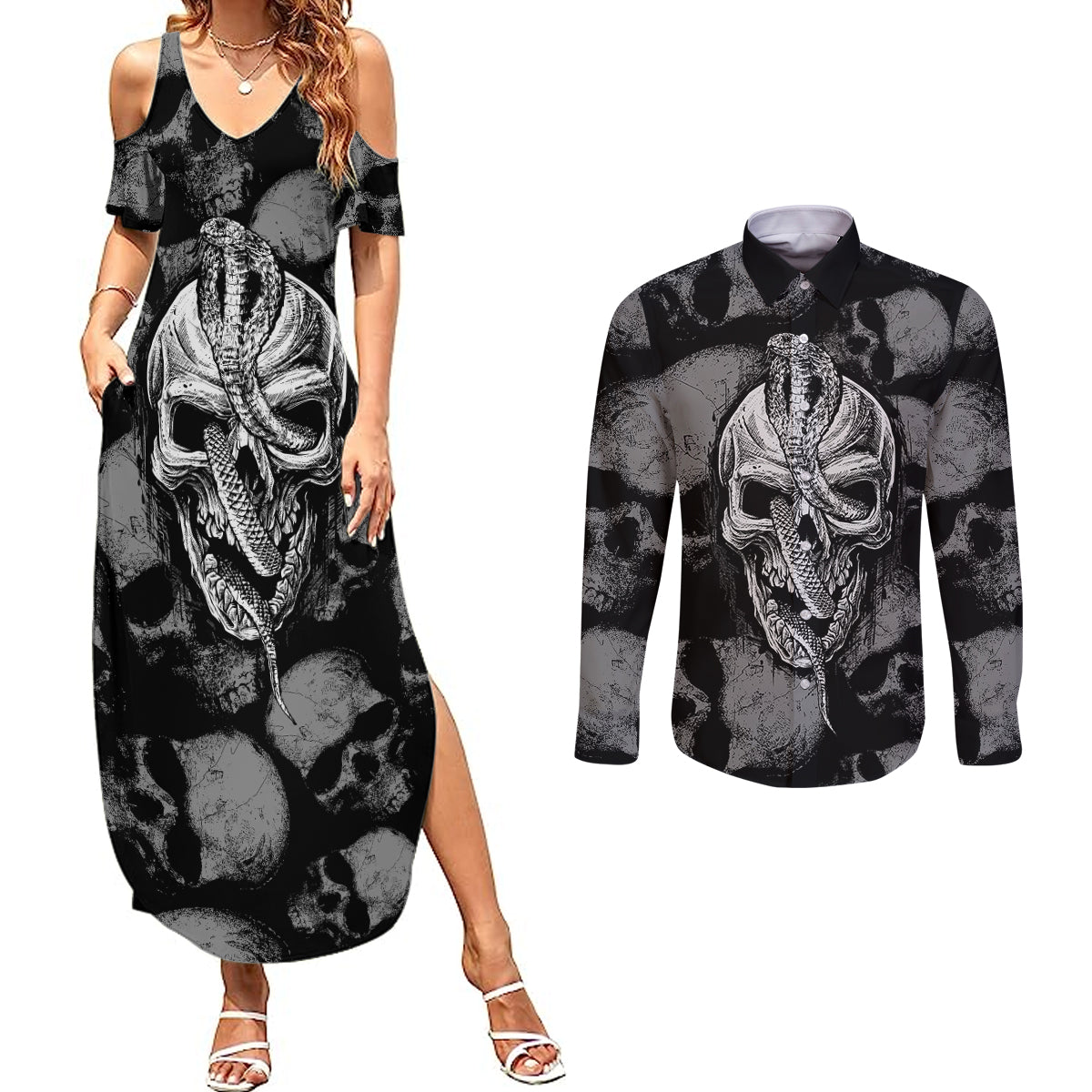 Skull Pattern Couples Matching Summer Maxi Dress and Long Sleeve Button Shirts I'm Never Alone - My Demon Are With Me 24/7 - Wonder Print Shop