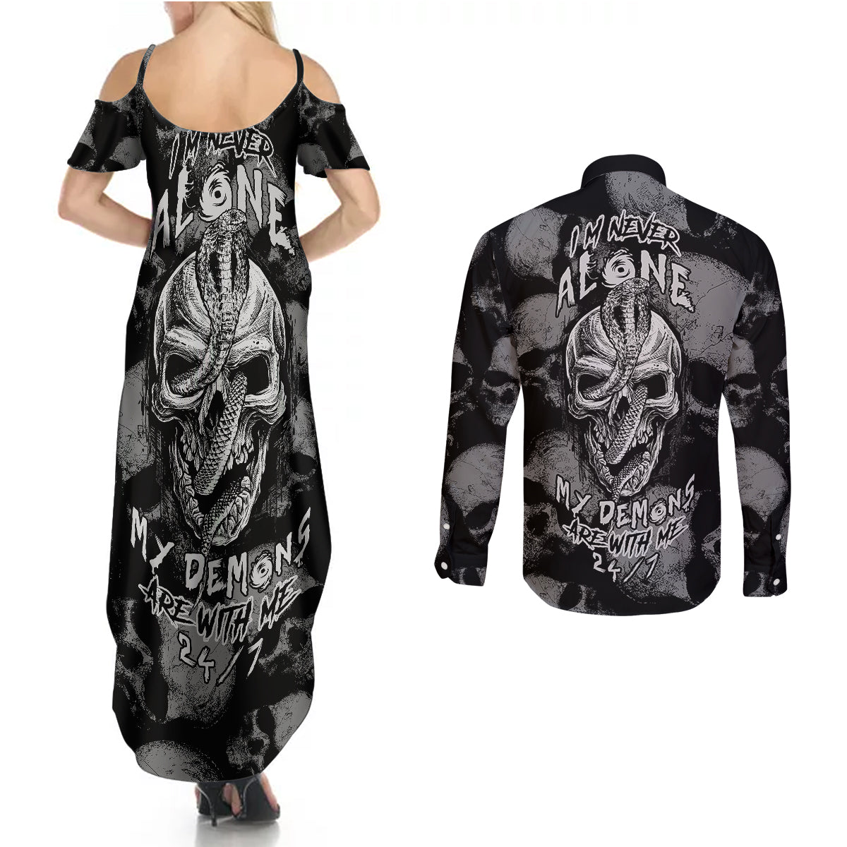 Skull Pattern Couples Matching Summer Maxi Dress and Long Sleeve Button Shirts I'm Never Alone - My Demon Are With Me 24/7 - Wonder Print Shop