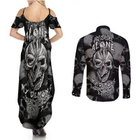 Skull Pattern Couples Matching Summer Maxi Dress and Long Sleeve Button Shirts I'm Never Alone - My Demon Are With Me 24/7 - Wonder Print Shop