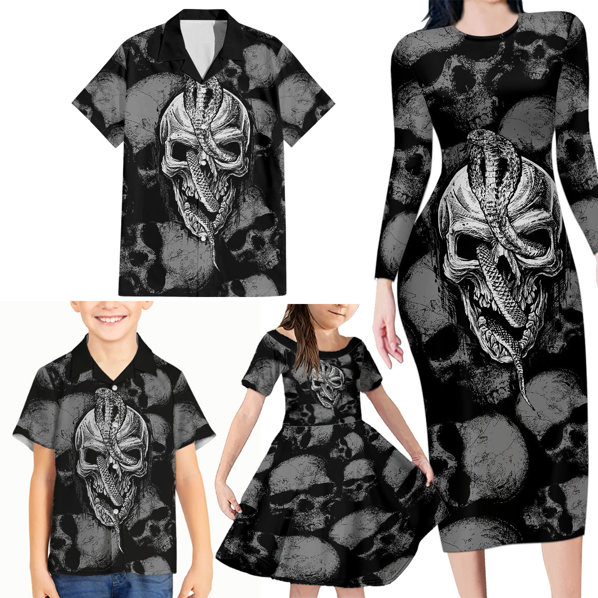 Skull Pattern Family Matching Long Sleeve Bodycon Dress and Hawaiian Shirt I'm Never Alone - My Demon Are With Me 24/7 - Wonder Print Shop