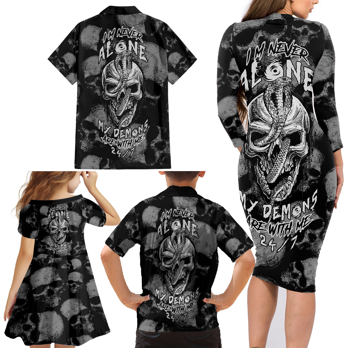 Skull Pattern Family Matching Long Sleeve Bodycon Dress and Hawaiian Shirt I'm Never Alone - My Demon Are With Me 24/7 - Wonder Print Shop
