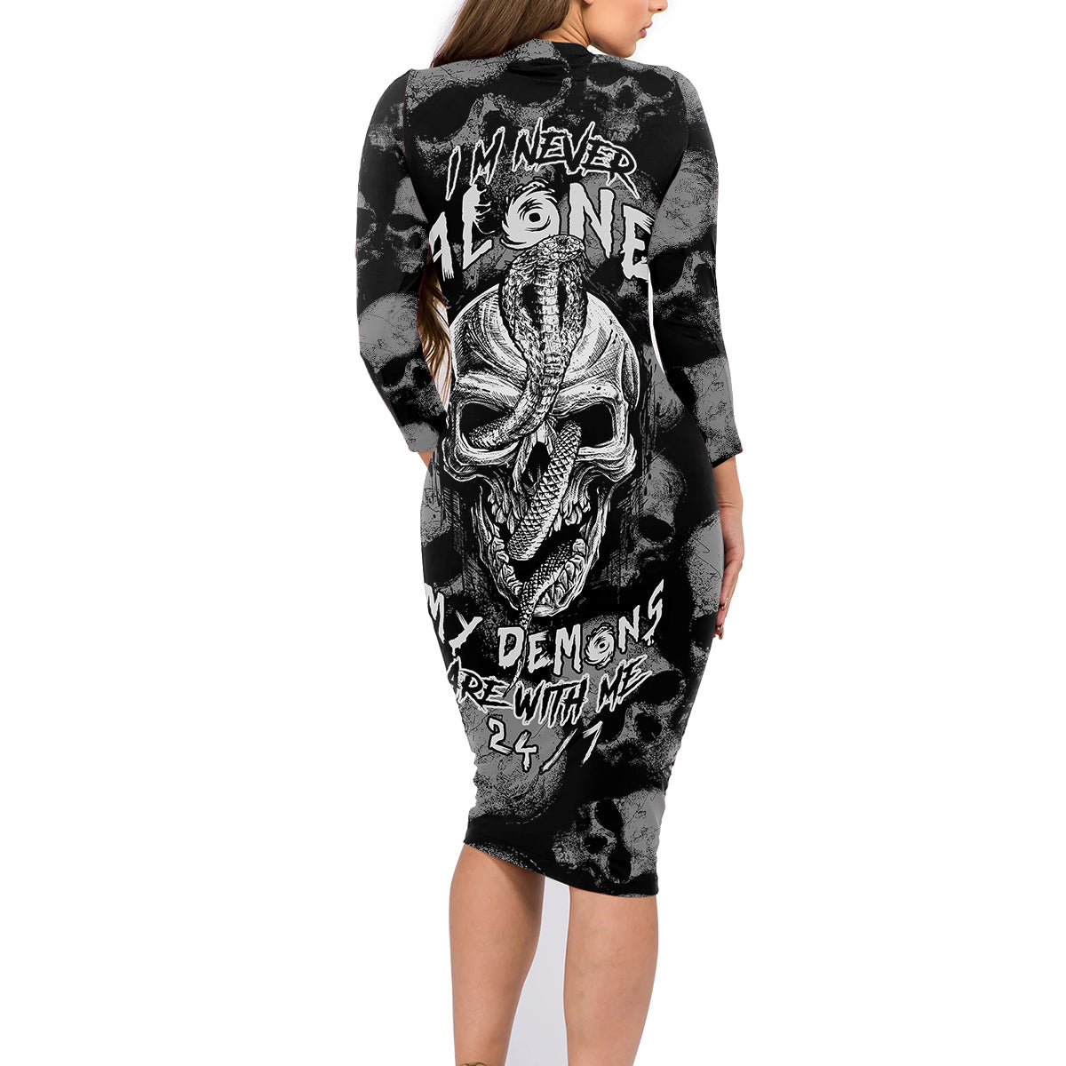 Skull Pattern Family Matching Long Sleeve Bodycon Dress and Hawaiian Shirt I'm Never Alone - My Demon Are With Me 24/7 - Wonder Print Shop
