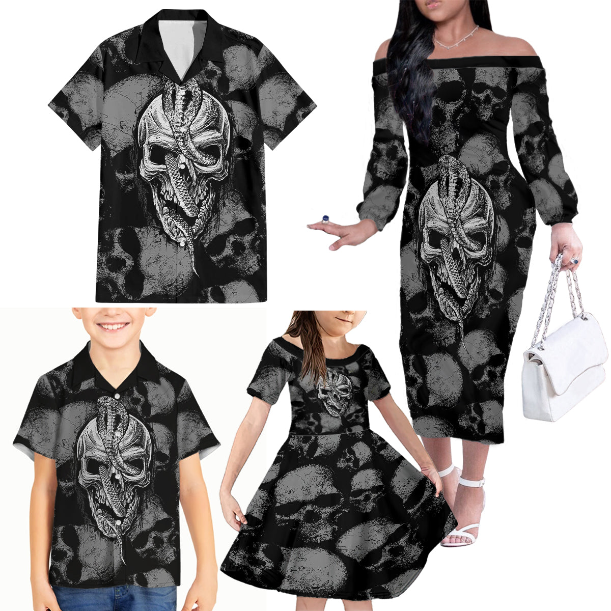 Skull Pattern Family Matching Off Shoulder Long Sleeve Dress and Hawaiian Shirt I'm Never Alone - My Demon Are With Me 24/7 - Wonder Print Shop