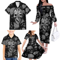 Skull Pattern Family Matching Off Shoulder Long Sleeve Dress and Hawaiian Shirt I'm Never Alone - My Demon Are With Me 24/7 - Wonder Print Shop