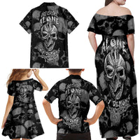 Skull Pattern Family Matching Off Shoulder Long Sleeve Dress and Hawaiian Shirt I'm Never Alone - My Demon Are With Me 24/7 - Wonder Print Shop