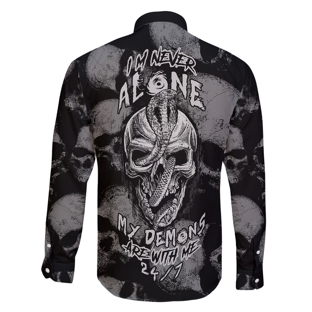 Skull Pattern Family Matching Off Shoulder Long Sleeve Dress and Hawaiian Shirt I'm Never Alone - My Demon Are With Me 24/7 - Wonder Print Shop