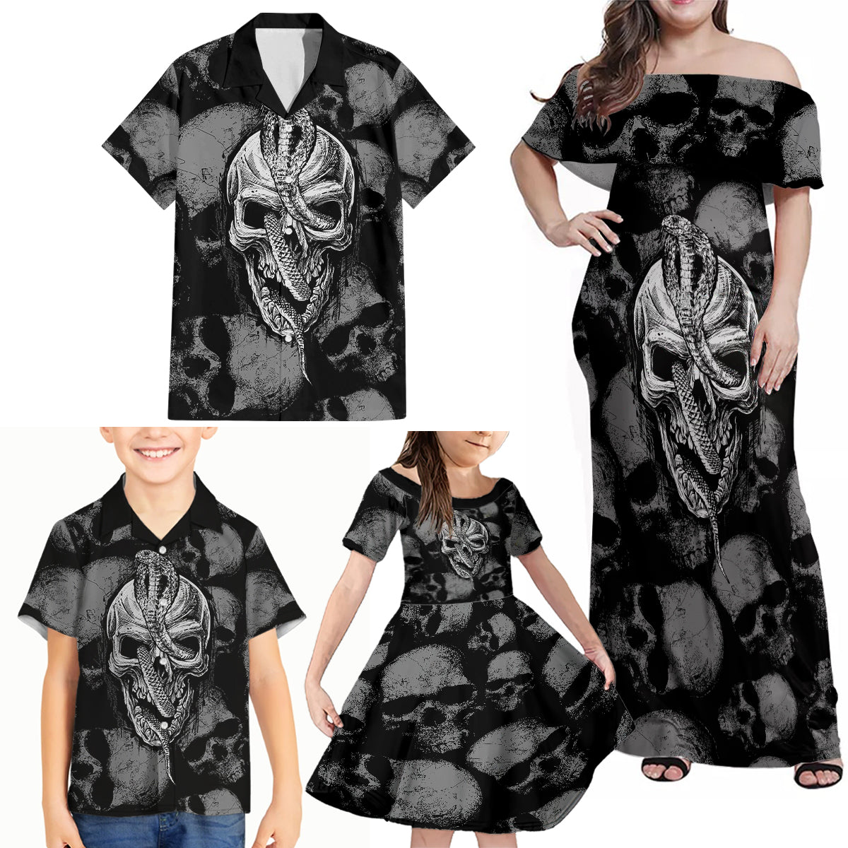 Skull Pattern Family Matching Off Shoulder Maxi Dress and Hawaiian Shirt I'm Never Alone - My Demon Are With Me 24/7 - Wonder Print Shop