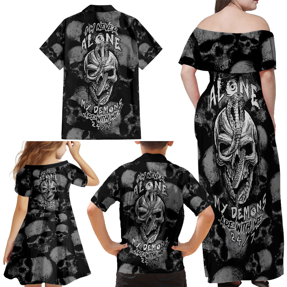 Skull Pattern Family Matching Off Shoulder Maxi Dress and Hawaiian Shirt I'm Never Alone - My Demon Are With Me 24/7 - Wonder Print Shop