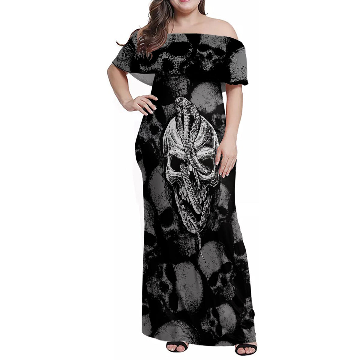 Skull Pattern Family Matching Off Shoulder Maxi Dress and Hawaiian Shirt I'm Never Alone - My Demon Are With Me 24/7 - Wonder Print Shop