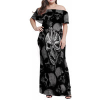 Skull Pattern Family Matching Off Shoulder Maxi Dress and Hawaiian Shirt I'm Never Alone - My Demon Are With Me 24/7 - Wonder Print Shop