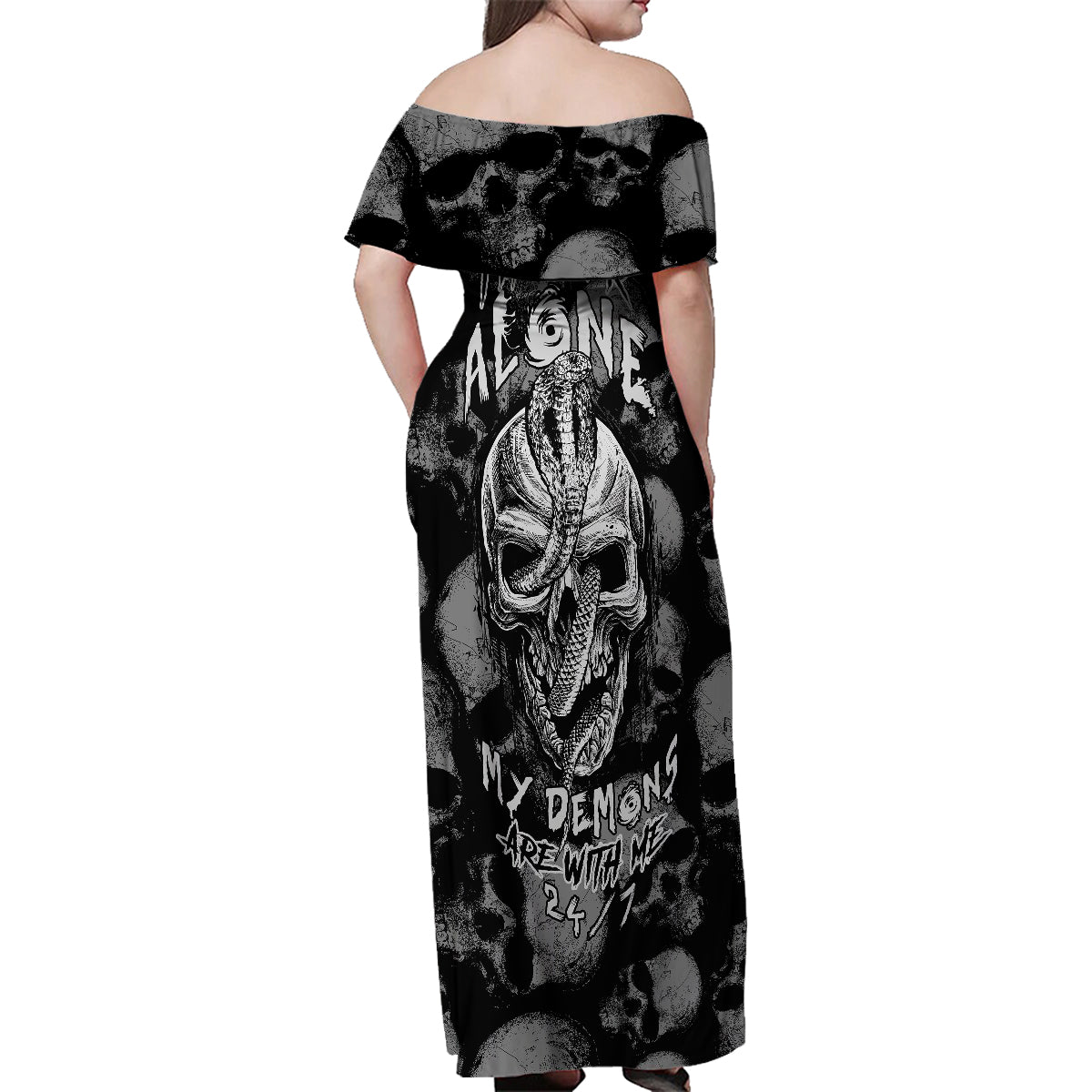 Skull Pattern Family Matching Off Shoulder Maxi Dress and Hawaiian Shirt I'm Never Alone - My Demon Are With Me 24/7 - Wonder Print Shop