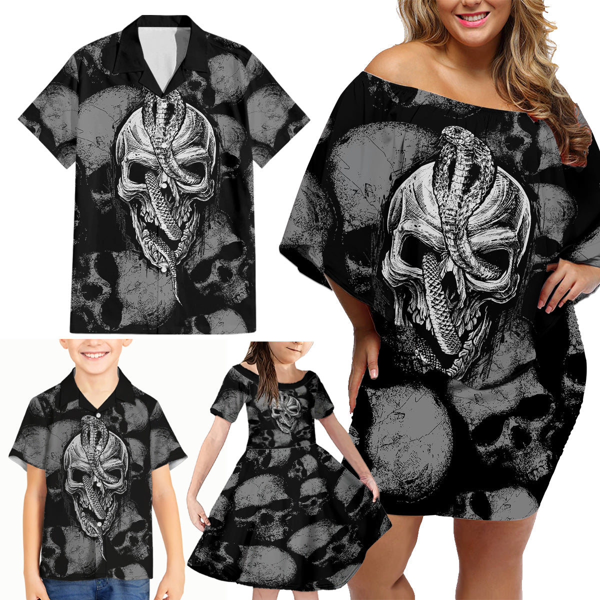 Skull Pattern Family Matching Off Shoulder Short Dress and Hawaiian Shirt I'm Never Alone - My Demon Are With Me 24/7 - Wonder Print Shop
