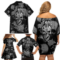 Skull Pattern Family Matching Off Shoulder Short Dress and Hawaiian Shirt I'm Never Alone - My Demon Are With Me 24/7 - Wonder Print Shop