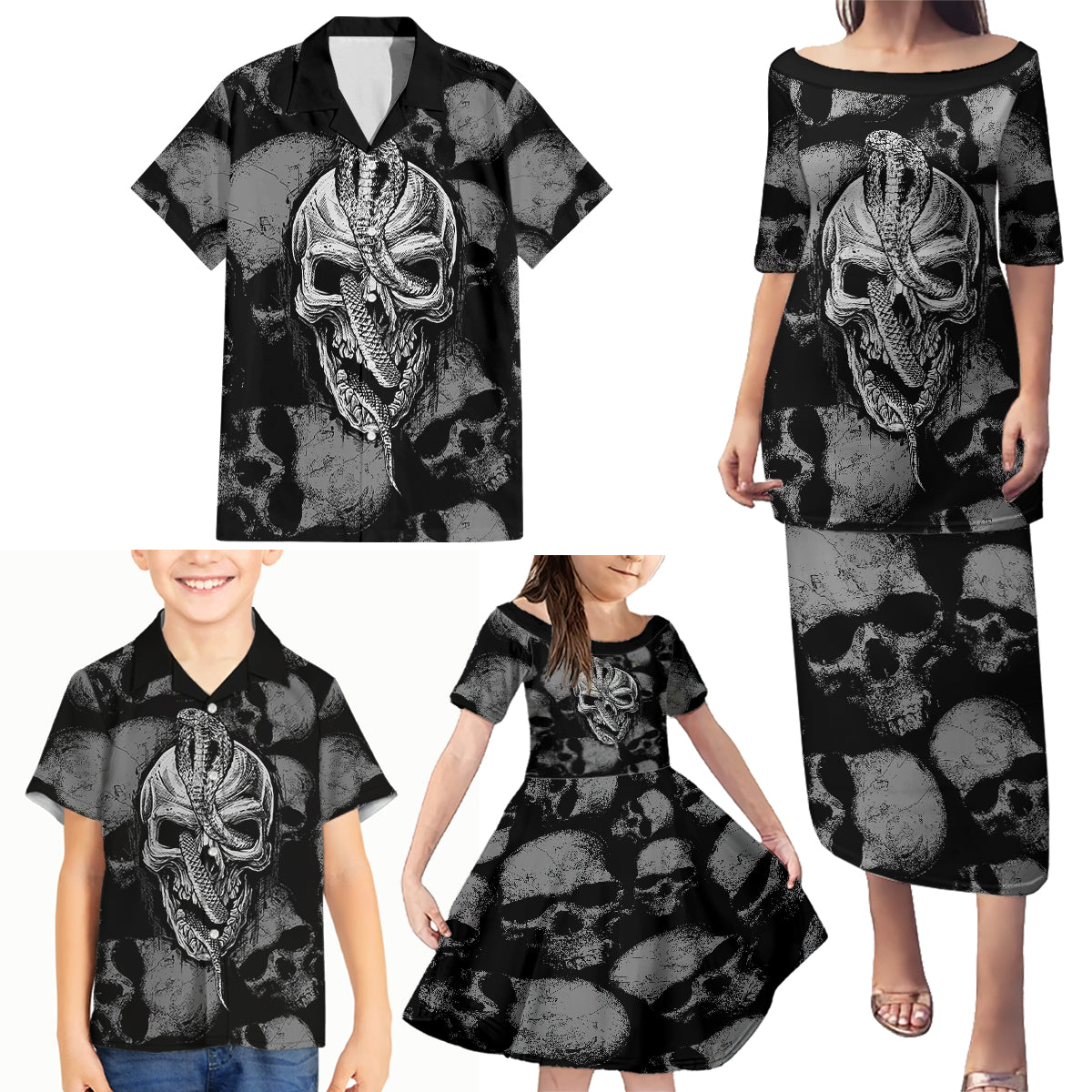 Skull Pattern Family Matching Puletasi Dress and Hawaiian Shirt I'm Never Alone - My Demon Are With Me 24/7 - Wonder Print Shop