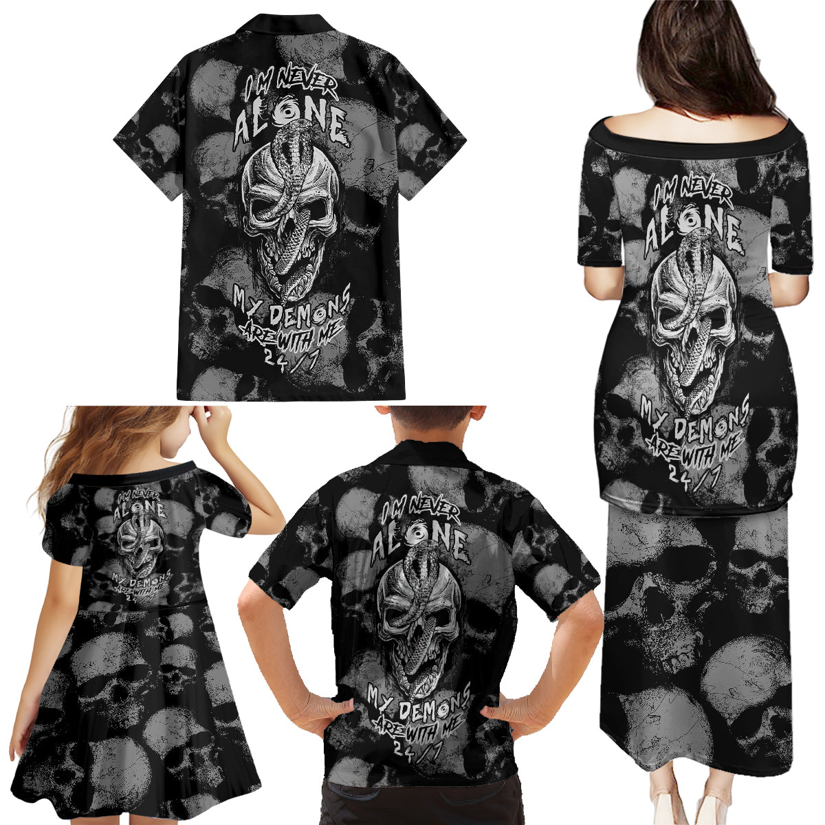 Skull Pattern Family Matching Puletasi Dress and Hawaiian Shirt I'm Never Alone - My Demon Are With Me 24/7 - Wonder Print Shop