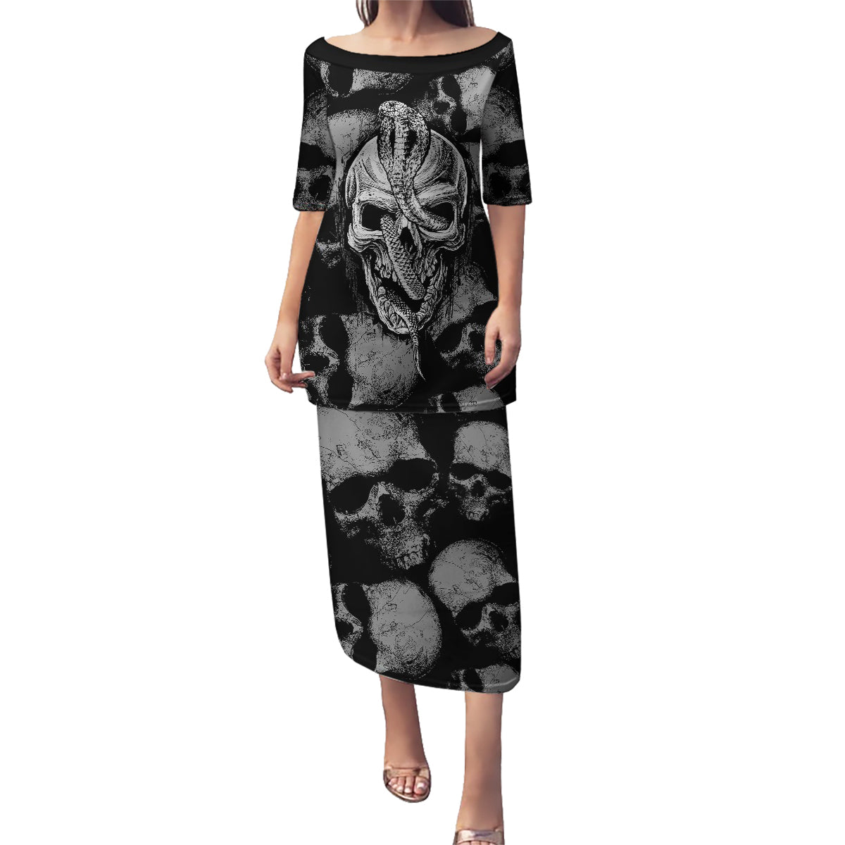 Skull Pattern Family Matching Puletasi Dress and Hawaiian Shirt I'm Never Alone - My Demon Are With Me 24/7 - Wonder Print Shop