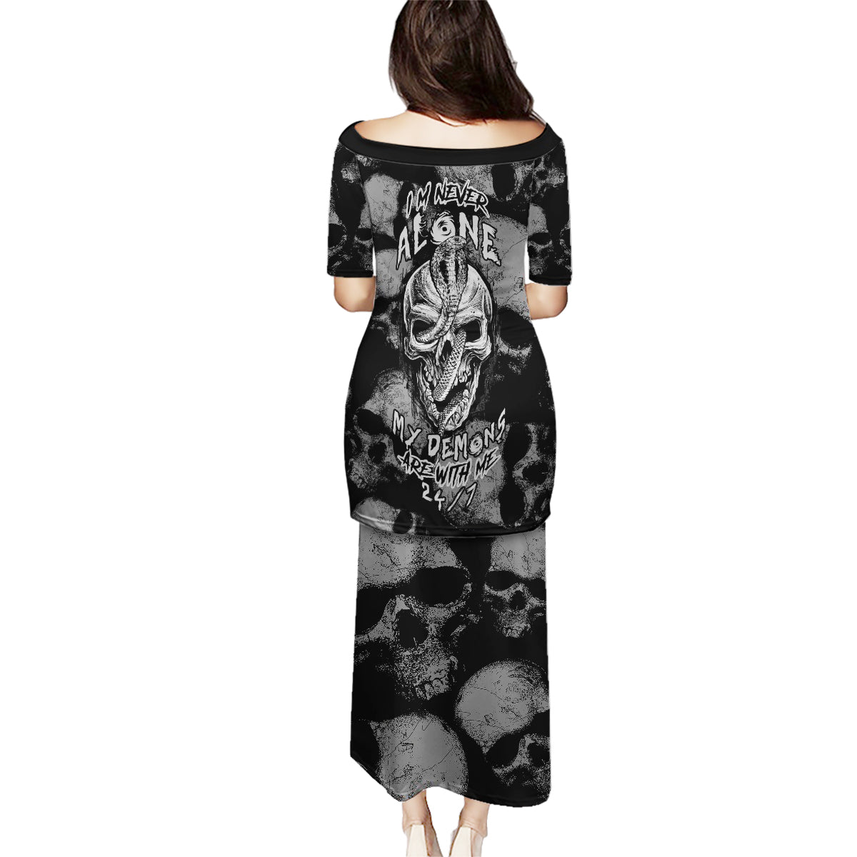 Skull Pattern Family Matching Puletasi Dress and Hawaiian Shirt I'm Never Alone - My Demon Are With Me 24/7 - Wonder Print Shop