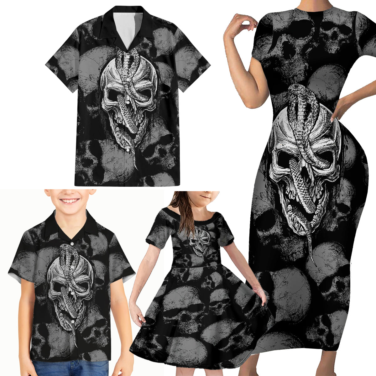 Skull Pattern Family Matching Short Sleeve Bodycon Dress and Hawaiian Shirt I'm Never Alone - My Demon Are With Me 24/7 - Wonder Print Shop
