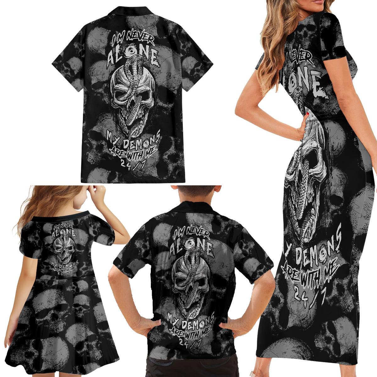 Skull Pattern Family Matching Short Sleeve Bodycon Dress and Hawaiian Shirt I'm Never Alone - My Demon Are With Me 24/7 - Wonder Print Shop
