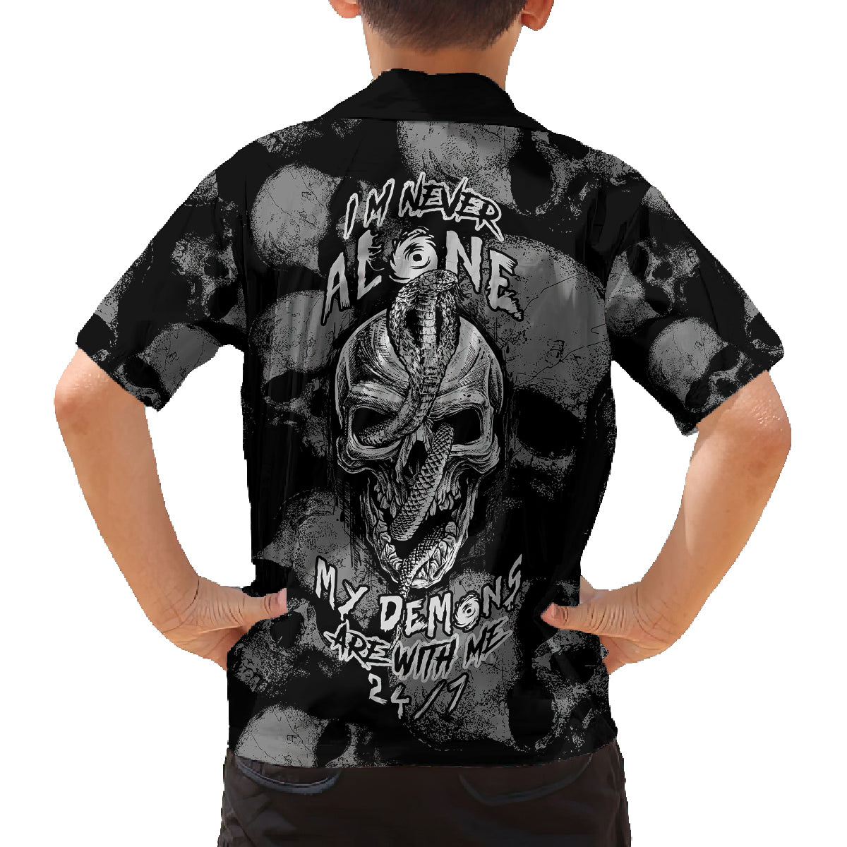 Skull Pattern Family Matching Summer Maxi Dress and Hawaiian Shirt I'm Never Alone - My Demon Are With Me 24/7 - Wonder Print Shop