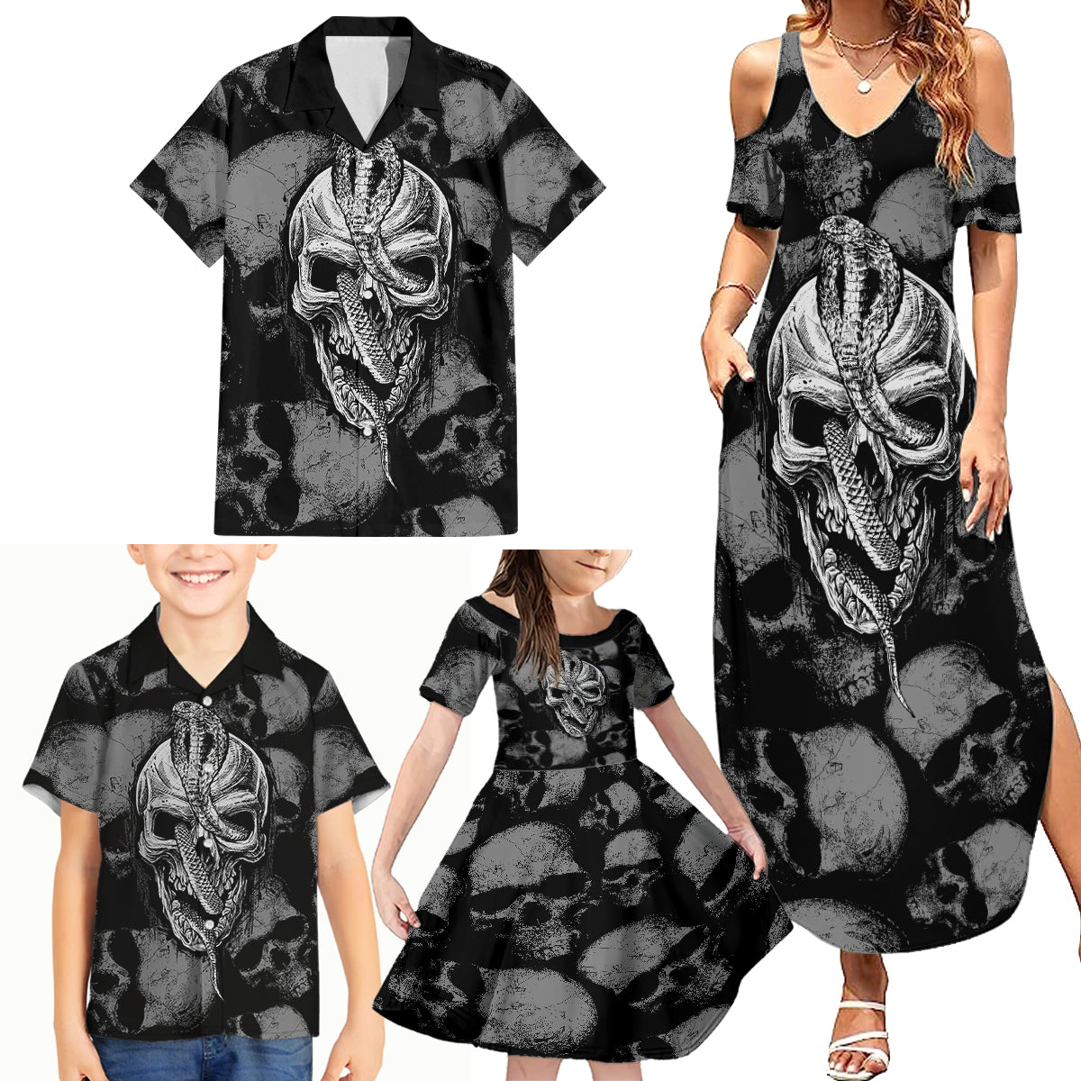 Skull Pattern Family Matching Summer Maxi Dress and Hawaiian Shirt I'm Never Alone - My Demon Are With Me 24/7 - Wonder Print Shop