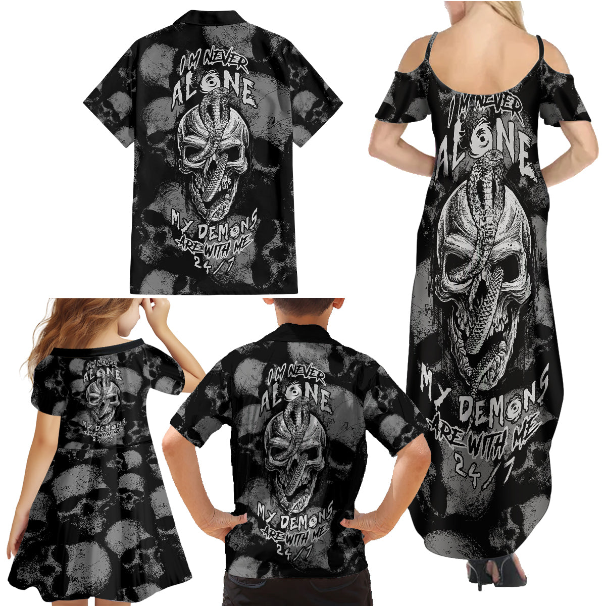 Skull Pattern Family Matching Summer Maxi Dress and Hawaiian Shirt I'm Never Alone - My Demon Are With Me 24/7 - Wonder Print Shop