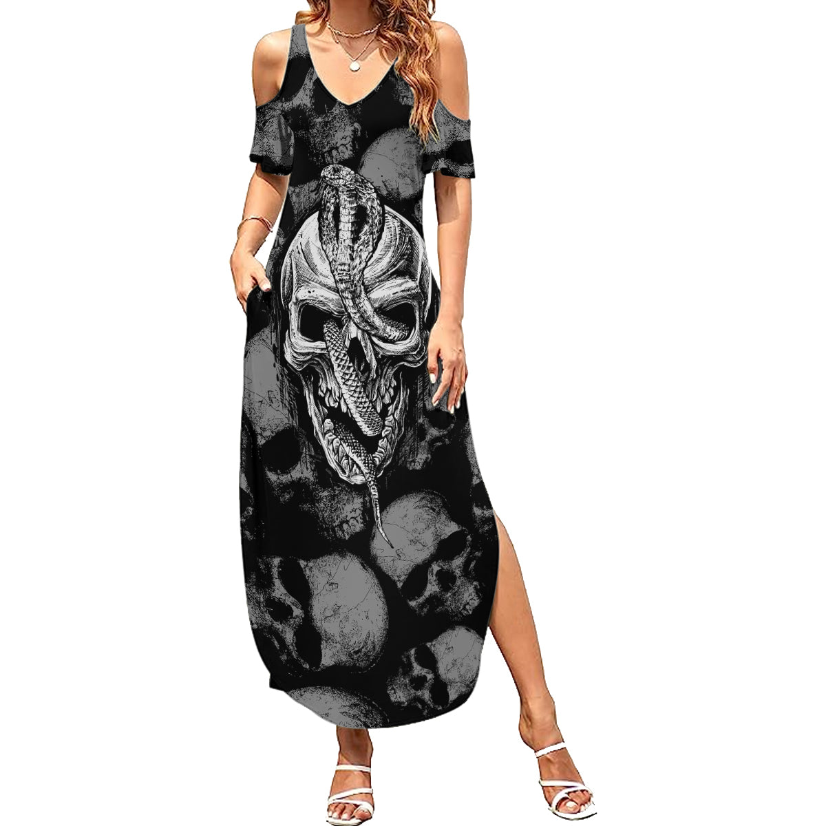 Skull Pattern Family Matching Summer Maxi Dress and Hawaiian Shirt I'm Never Alone - My Demon Are With Me 24/7 - Wonder Print Shop