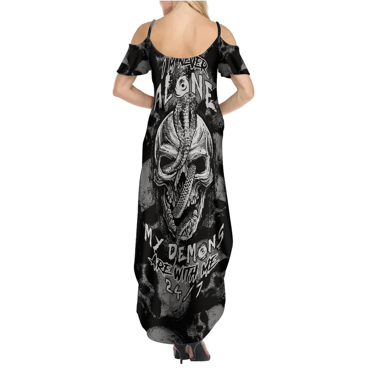 Skull Pattern Family Matching Summer Maxi Dress and Hawaiian Shirt I'm Never Alone - My Demon Are With Me 24/7 - Wonder Print Shop