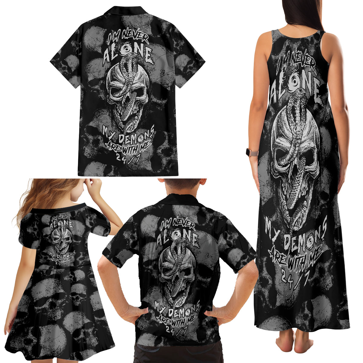 Skull Pattern Family Matching Tank Maxi Dress and Hawaiian Shirt I'm Never Alone - My Demon Are With Me 24/7 - Wonder Print Shop