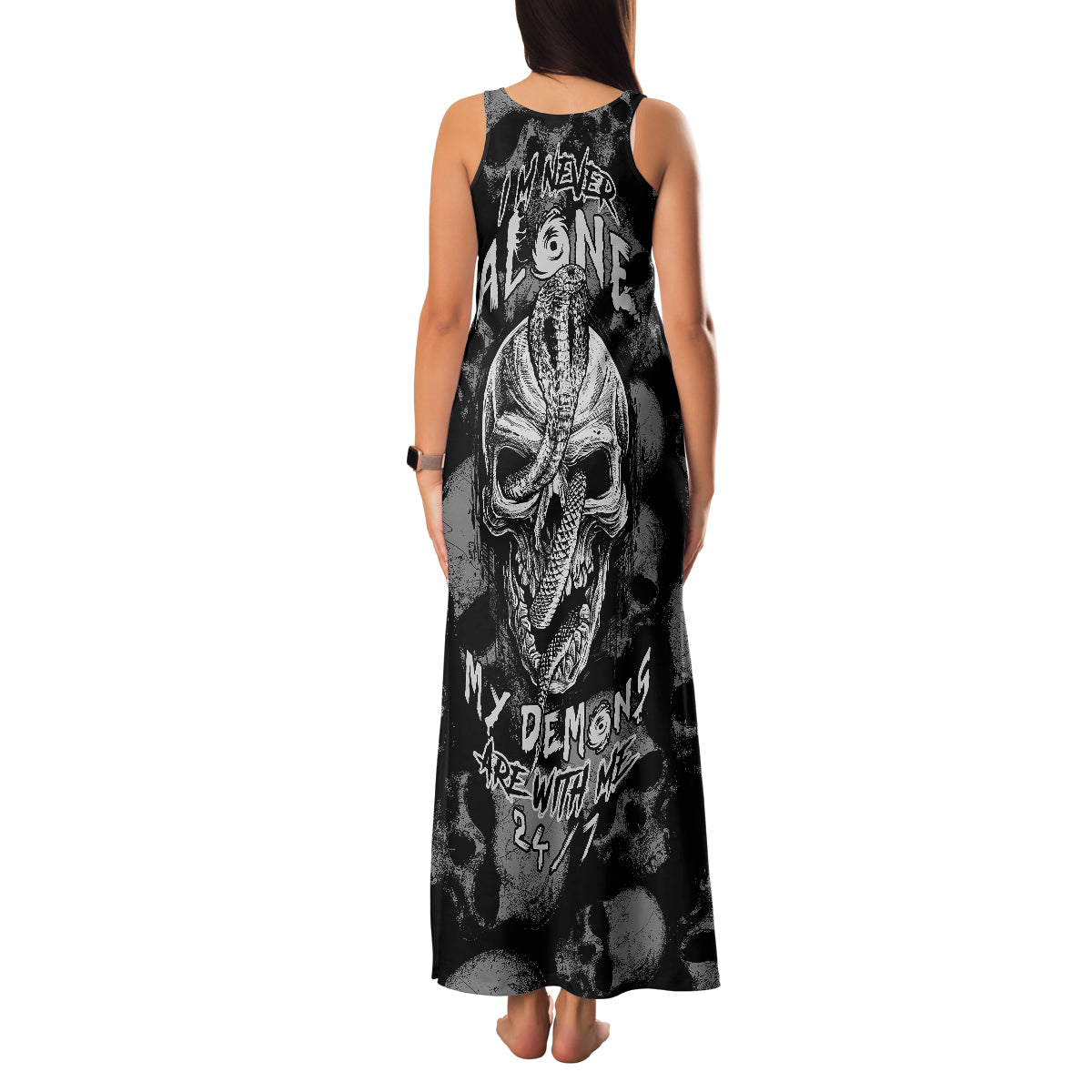 Skull Pattern Family Matching Tank Maxi Dress and Hawaiian Shirt I'm Never Alone - My Demon Are With Me 24/7 - Wonder Print Shop