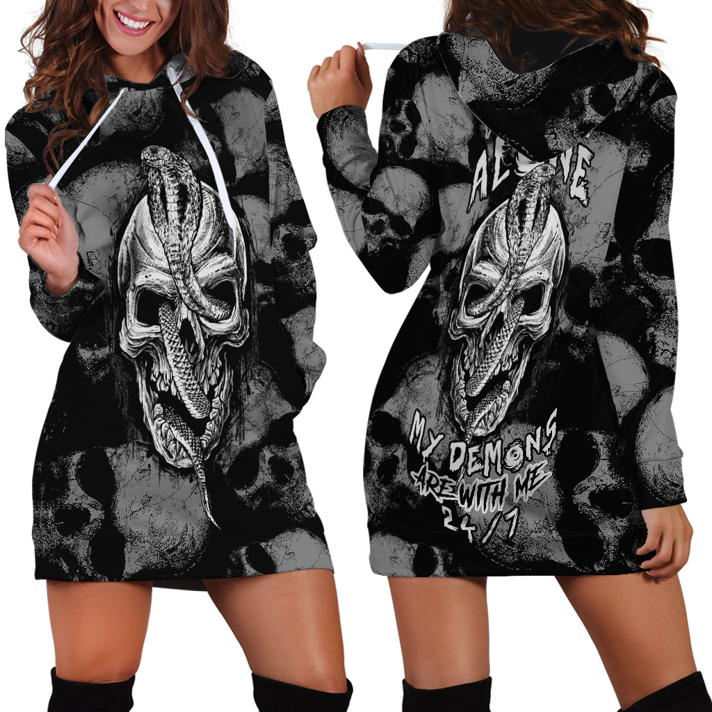 Skull Pattern Hoodie Dress I'm Never Alone - My Demon Are With Me 24/7 - Wonder Print Shop