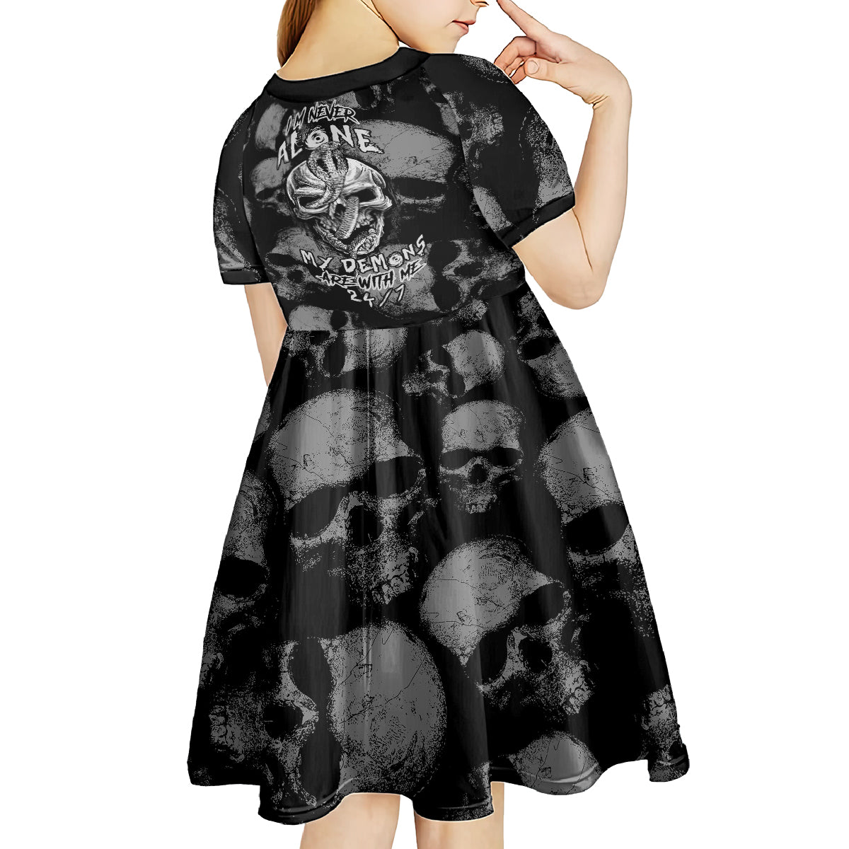 Skull Pattern Kid Short Sleeve Dress I'm Never Alone - My Demon Are With Me 24/7 - Wonder Print Shop