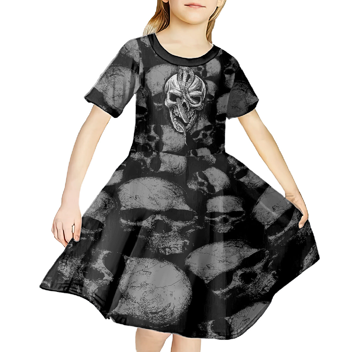 Skull Pattern Kid Short Sleeve Dress I'm Never Alone - My Demon Are With Me 24/7 - Wonder Print Shop