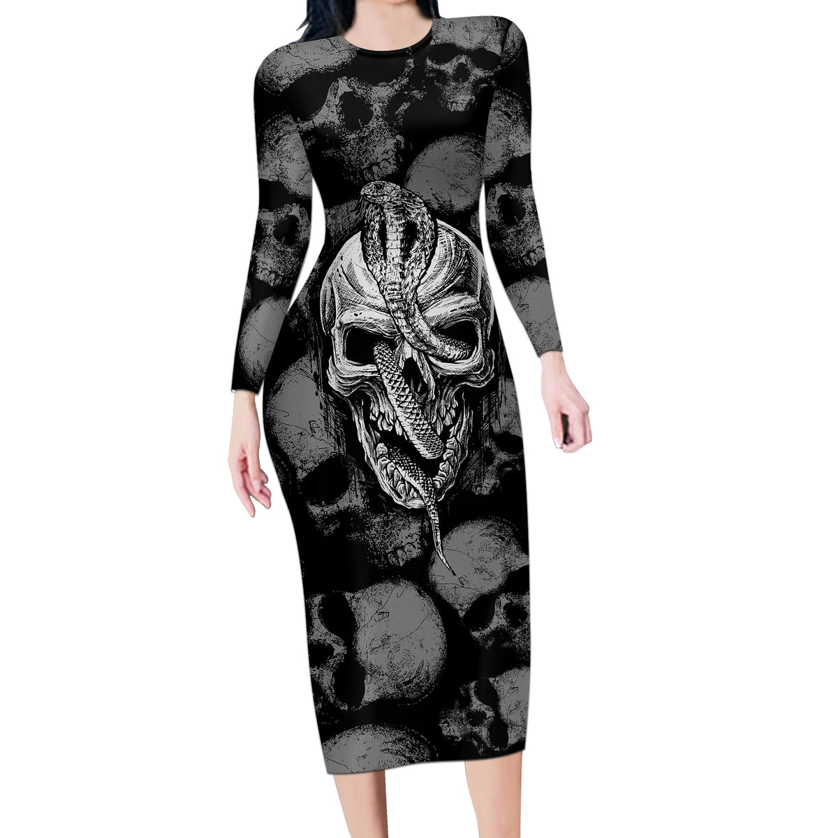 Skull Pattern Long Sleeve Bodycon Dress I'm Never Alone - My Demon Are With Me 24/7 - Wonder Print Shop