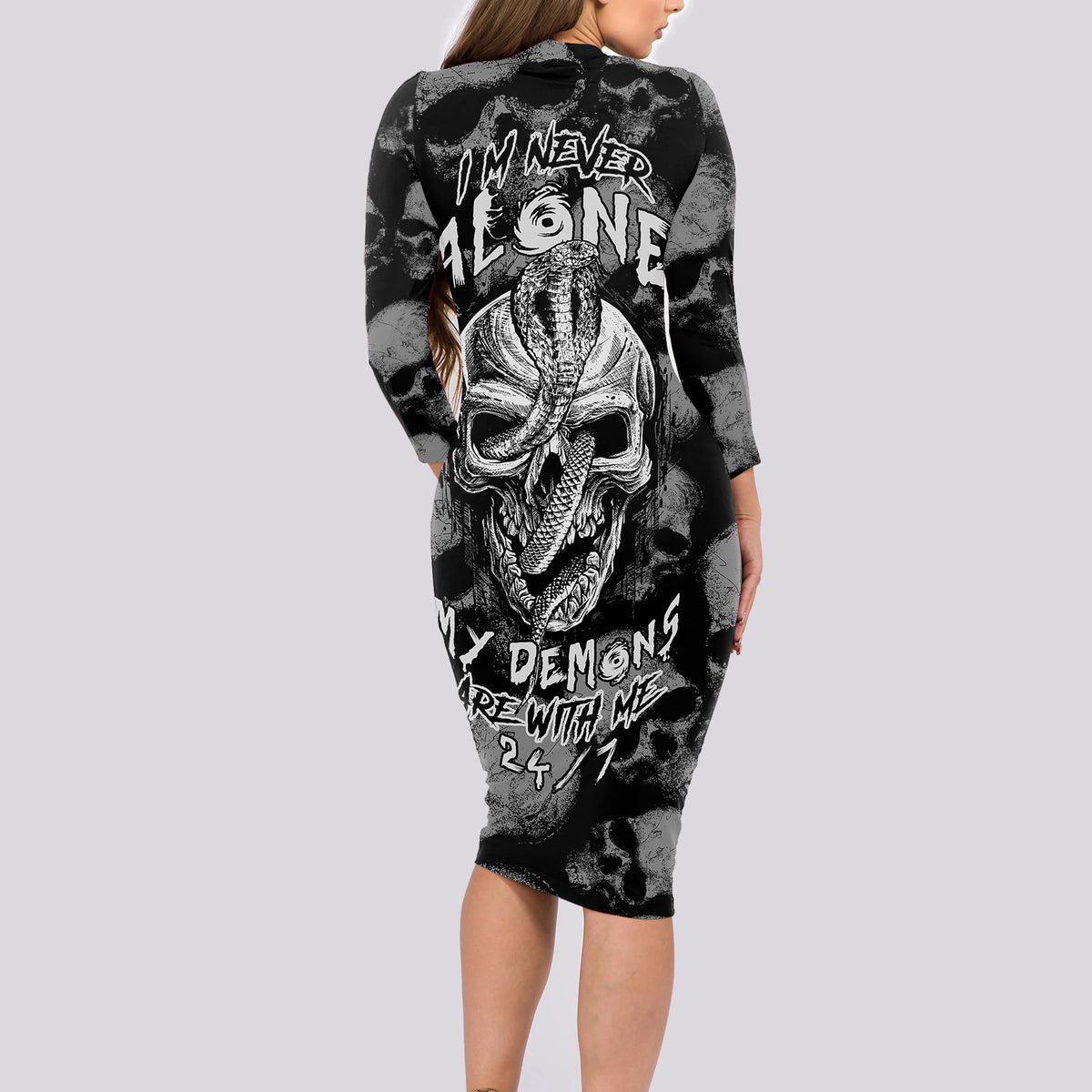 Skull Pattern Long Sleeve Bodycon Dress I'm Never Alone - My Demon Are With Me 24/7 - Wonder Print Shop