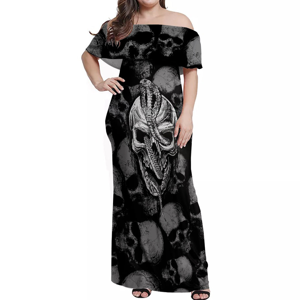 Skull Pattern Off Shoulder Maxi Dress I'm Never Alone - My Demon Are With Me 24/7 - Wonder Print Shop