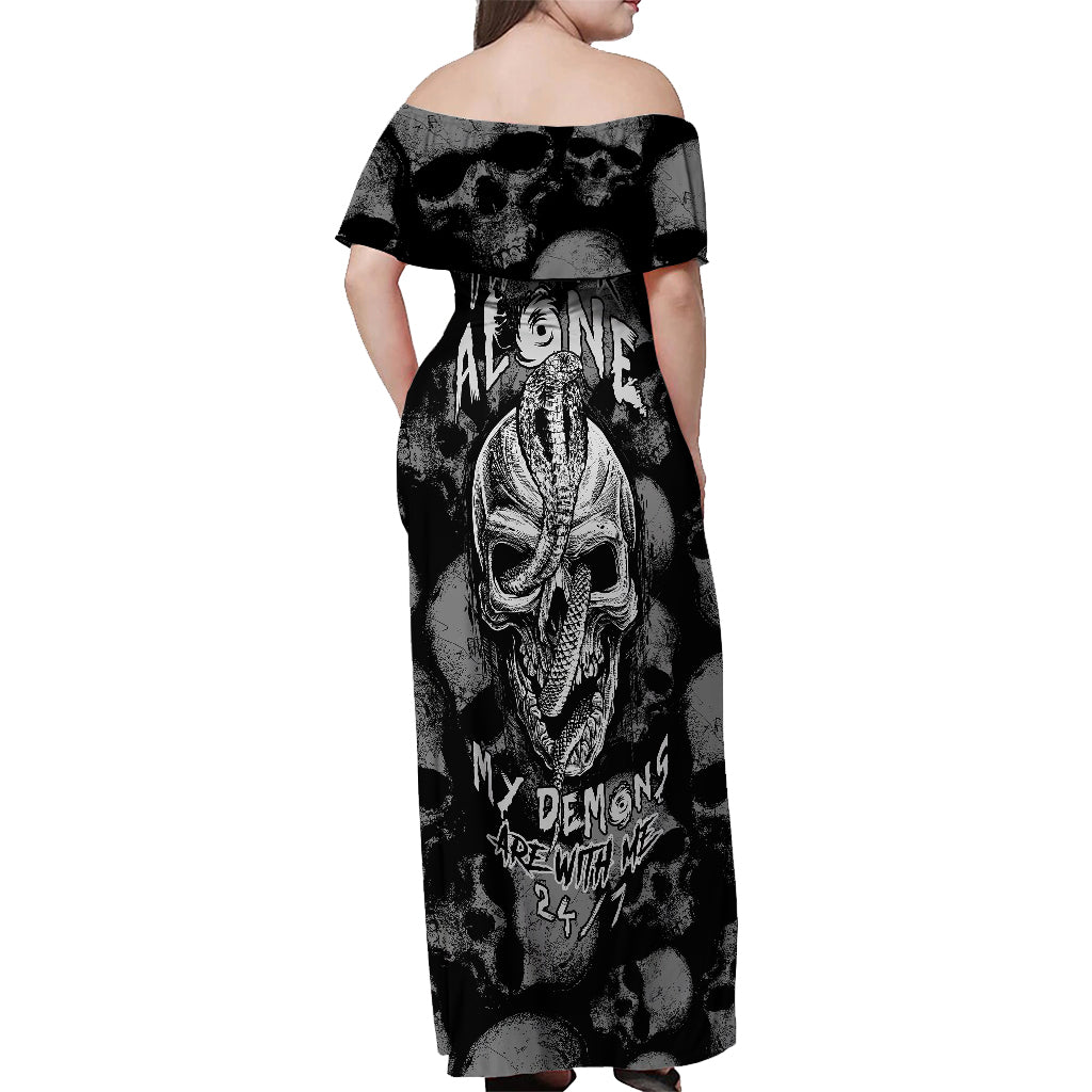 Skull Pattern Off Shoulder Maxi Dress I'm Never Alone - My Demon Are With Me 24/7 - Wonder Print Shop