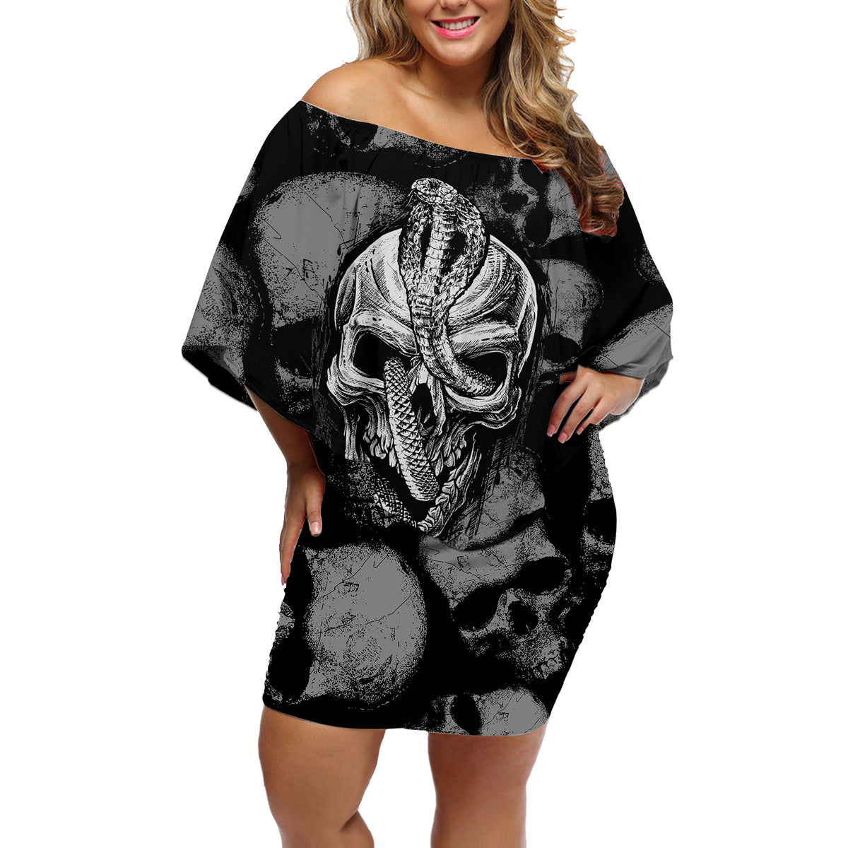 Skull Pattern Off Shoulder Short Dress I'm Never Alone - My Demon Are With Me 24/7 - Wonder Print Shop