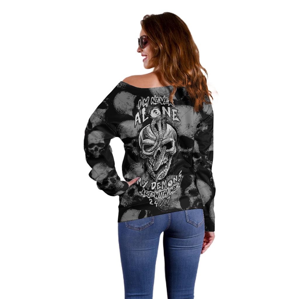 Skull Pattern Off Shoulder Sweater I'm Never Alone - My Demon Are With Me 24/7 - Wonder Print Shop