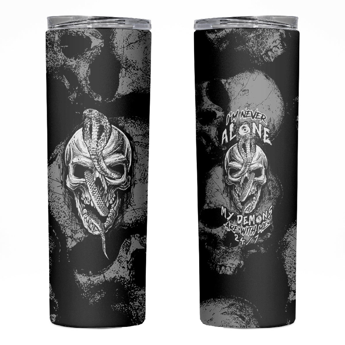Skull Pattern Skinny Tumbler I'm Never Alone - My Demon Are With Me 24/7 - Wonder Print Shop