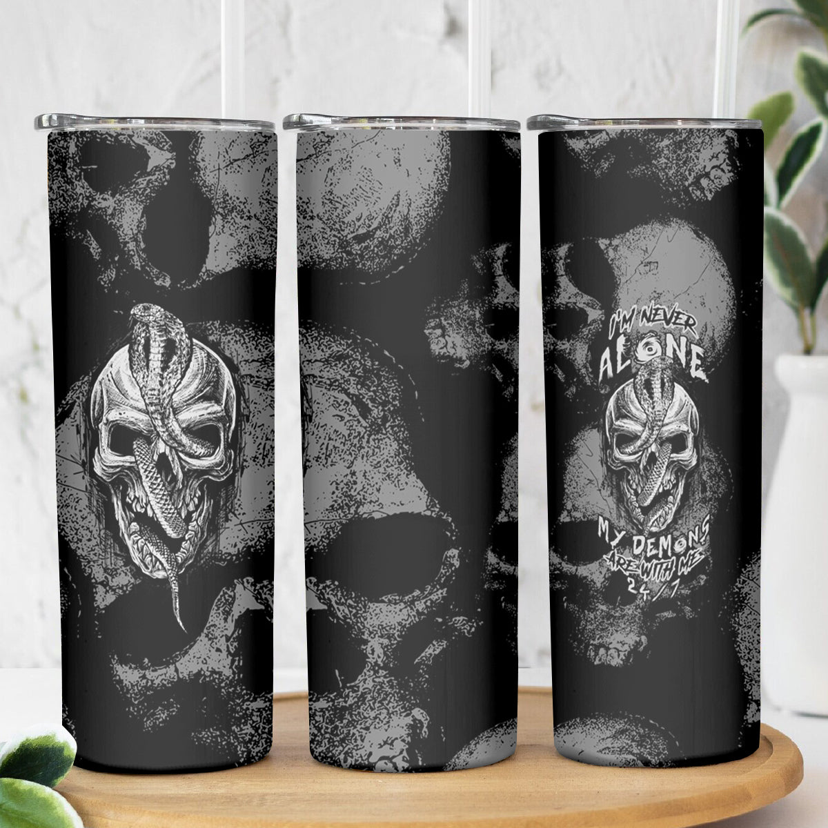 Skull Pattern Skinny Tumbler I'm Never Alone - My Demon Are With Me 24/7 - Wonder Print Shop