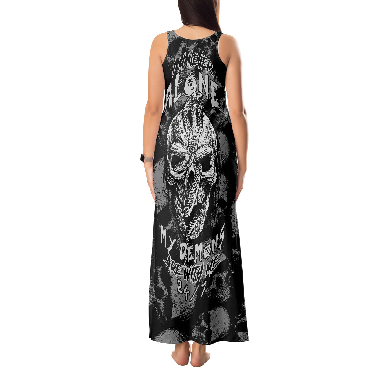 Skull Pattern Tank Maxi Dress I'm Never Alone - My Demon Are With Me 24/7 - Wonder Print Shop