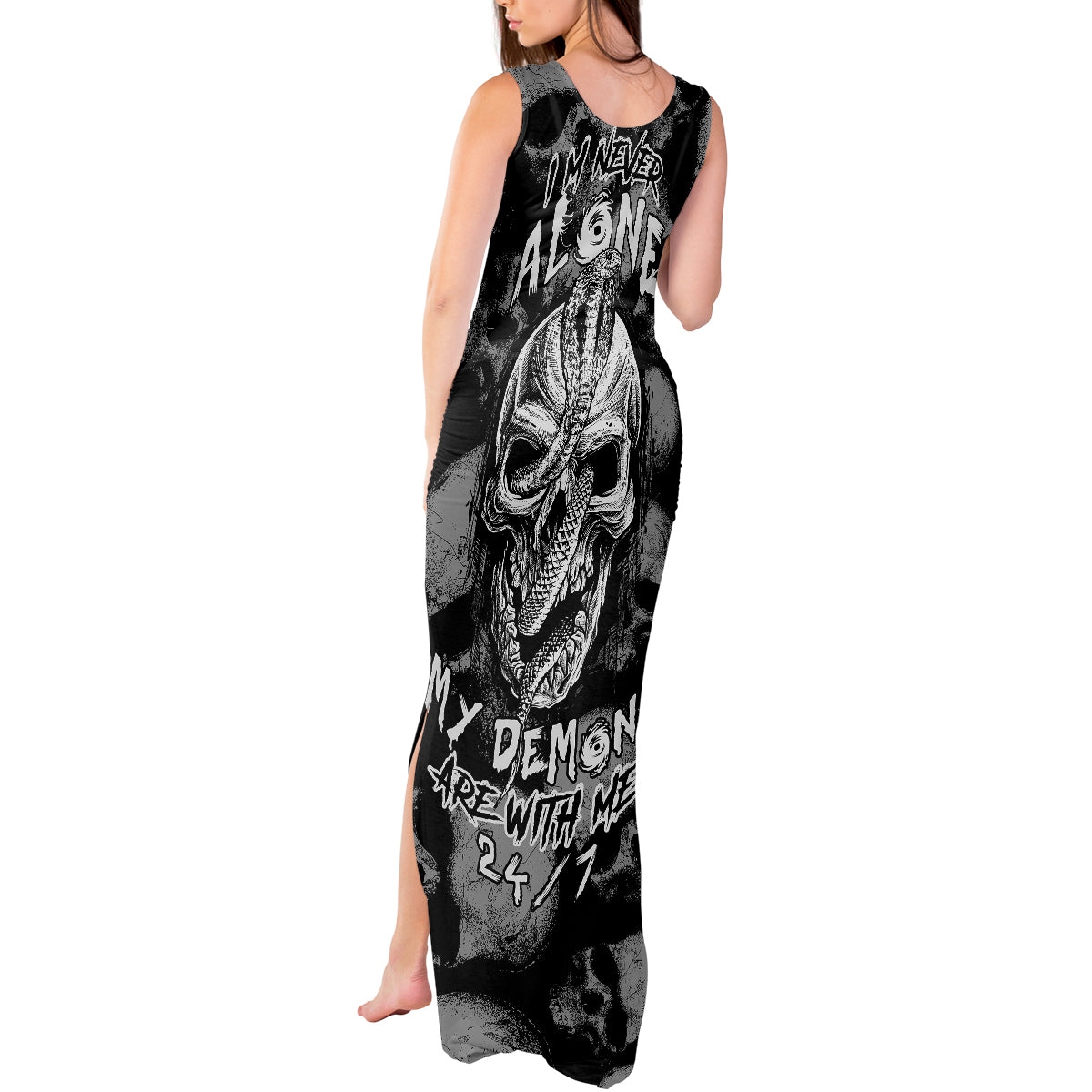 Skull Pattern Tank Maxi Dress I'm Never Alone - My Demon Are With Me 24/7 - Wonder Print Shop