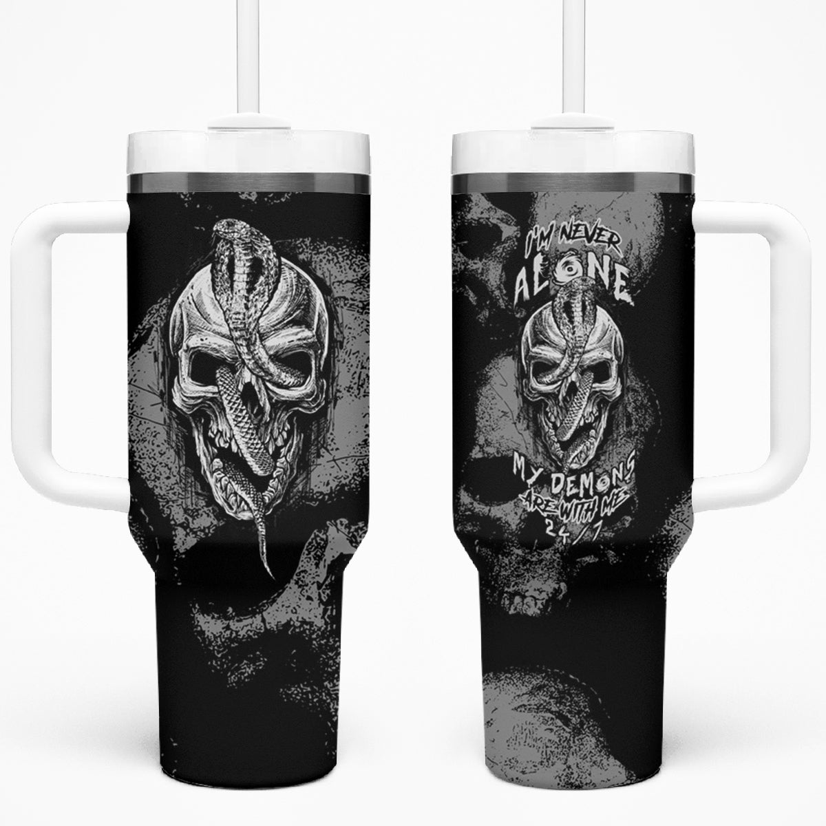 Skull Pattern Tumbler With Handle I'm Never Alone - My Demon Are With Me 24/7 - Wonder Print Shop