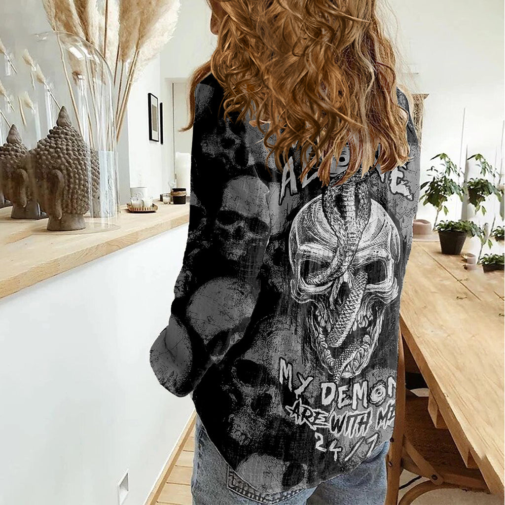 Skull Pattern Women Casual Shirt I'm Never Alone - My Demon Are With Me 24/7 - Wonder Print Shop