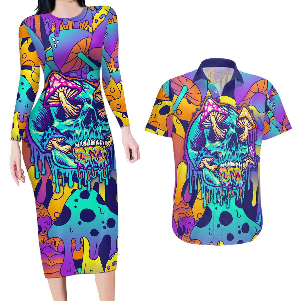 High Feel Skull Couples Matching Long Sleeve Bodycon Dress and Hawaiian Shirt What Is Heaven - Wonder Print Shop